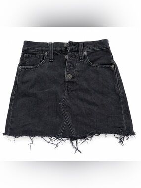 Madewell Black Denim A-Line Mini Skirt Size 26 Raw Hem Button Front